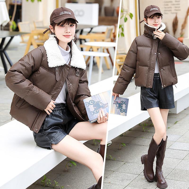 

Новая женская короткая свободная одежда с небольшим лацканом из овечьей шерсти и хлопковой подкладкой, зимняя утолщенная одежда на пуху и хлопковой подкладке XXL-135-72.5 kg темно-коричневого