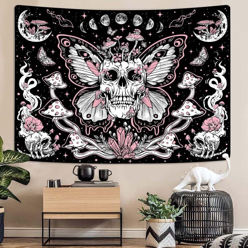 Pink Butterfly Skull Tapestry Moon Phase Mushroom Crystal Witchy Wall Hanging Dark Aesthetic Dorm Bedroom Home Decor