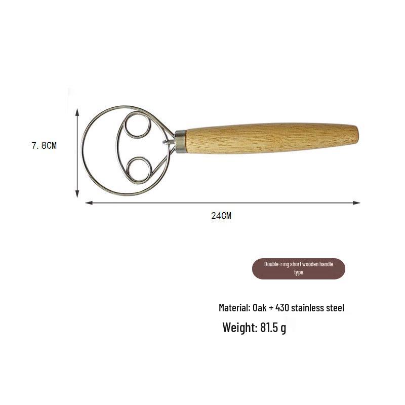 13" Oak Handle Danish Dough Mixer & Egg Beater - Stainless Steel Whisk Tool