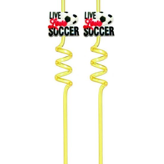 2Pcs Soccer Theme Spiral Straws, PET Reusable Curved Drinking Straws with Football Charm, World Mug Party Beverage Decor