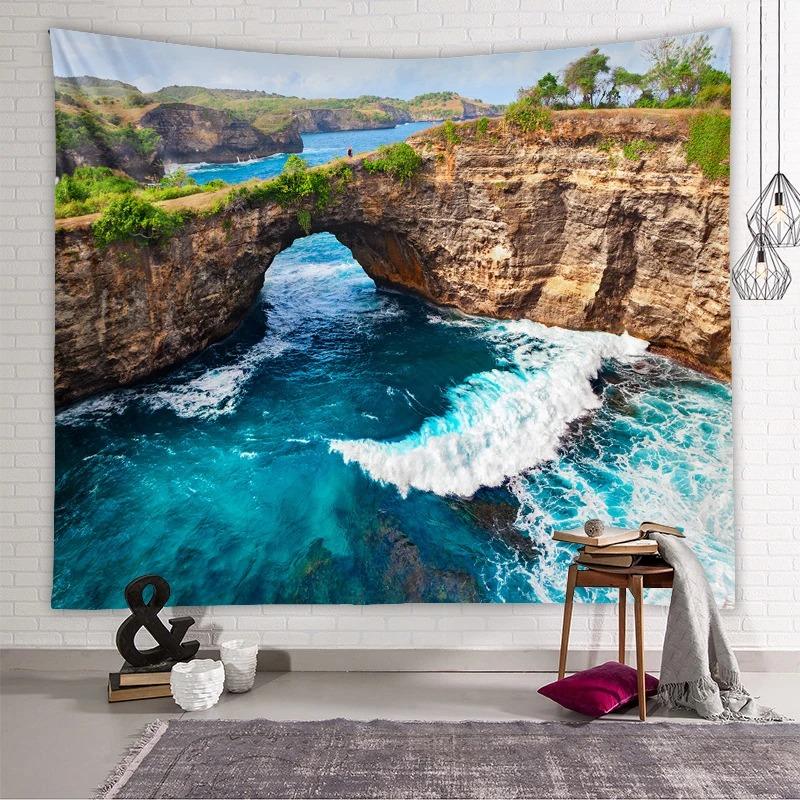 Ocean Wall Tapestry Landscape Forest Waterfall Lotus Cloth  Hanging Tapestries Decor  Carpet Beach  Home Decoration