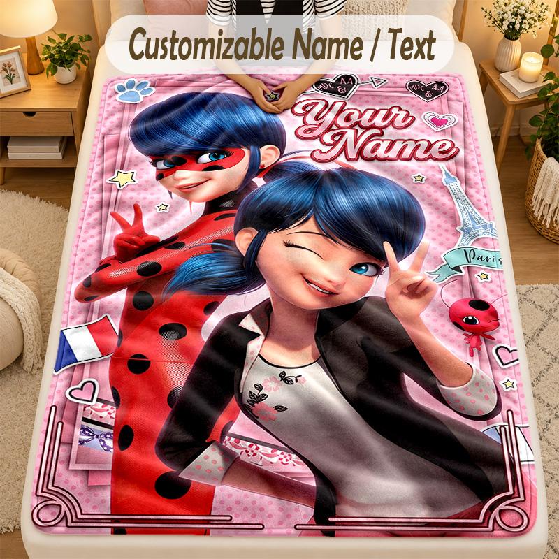 Flannel BlanketMiraculous Ladybug Custom Name Text Personalized Soft Warm Throw Blanket Home Decor Gift