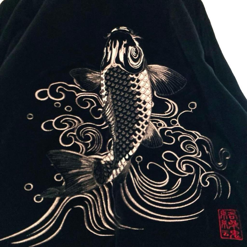 Used Karakuri Tamashii Sukajan Jacket, Carp Embroidery, Velvet, Velour, Raglan, L, Black, Japanese Pattern