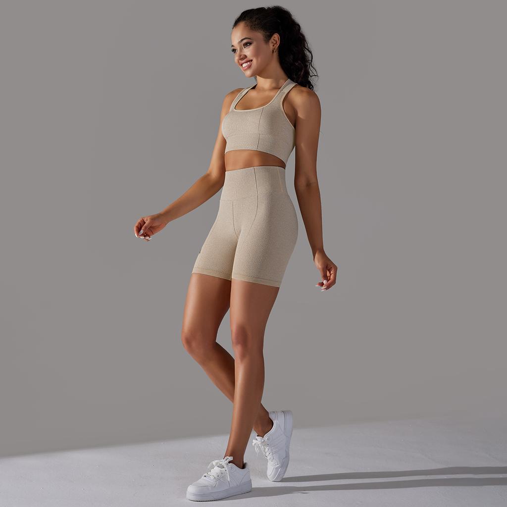 Nessaj Yoga Clothing Set Women Seamless Knit Gym Set Solid Colour Shorts Backless Fitness Underwear Sportswear