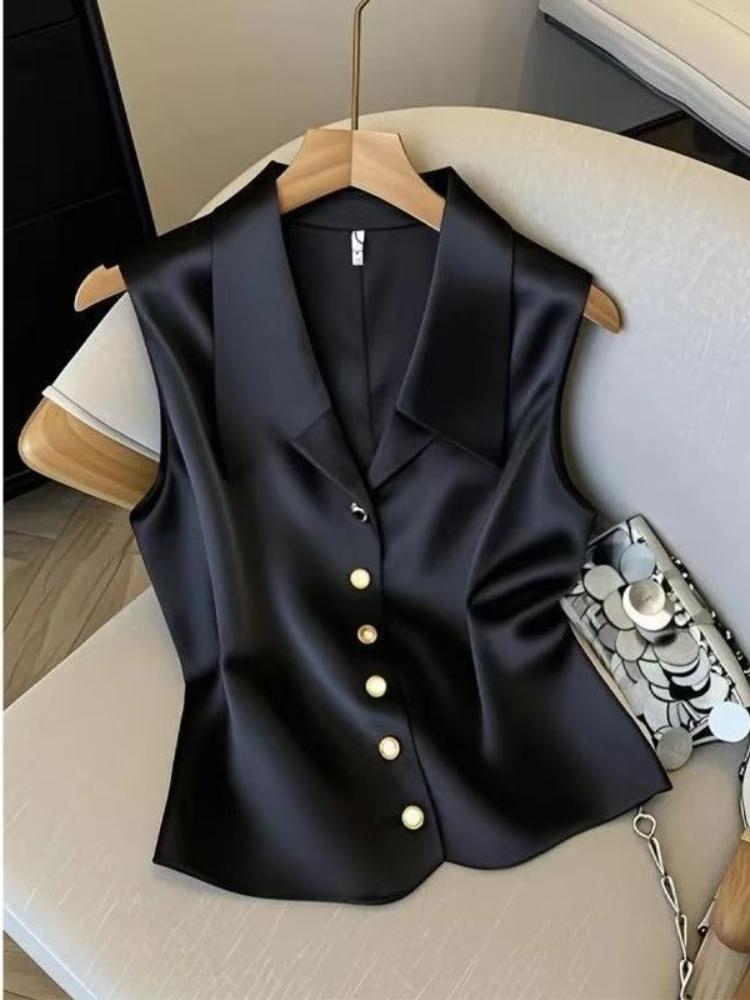 Satin French Temperament Women Vest Shirts Chic Point Turn-down Collar V-neck Vest Jacket Beige Sleeveless Blouse