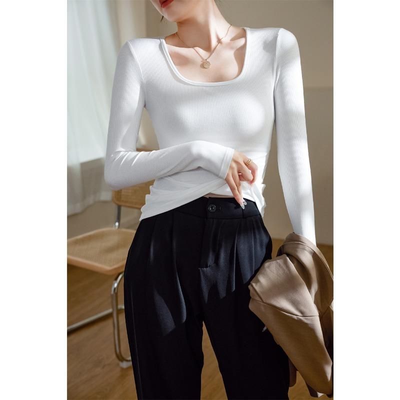 Women Square Neck Long Sleeve Slim Fitted Solid Color T Shirt Casual Basic Top