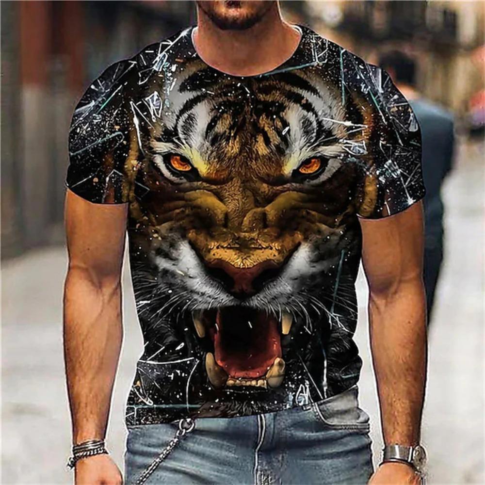 New Fashion Men's Crew Neck Short Sleeve T-Shirt with 3D Wolf and Dragon Print, Men's Casual Sports Streetwear Top