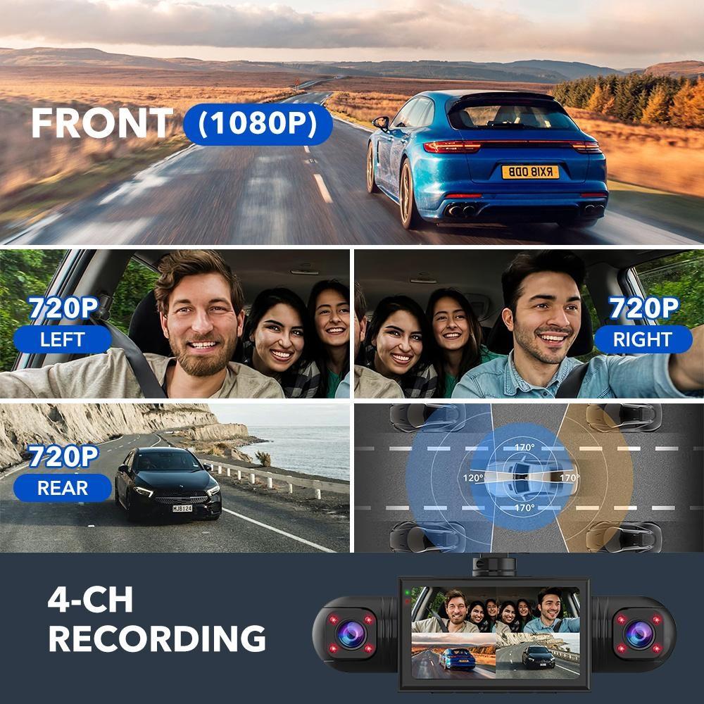 Dash Cam per Auto 3/4 Canali Scatola Nera Telecamera di Guida FHD Anteriore Sinistra Destra Posteriore Visione Notturna Registrazione in Loop