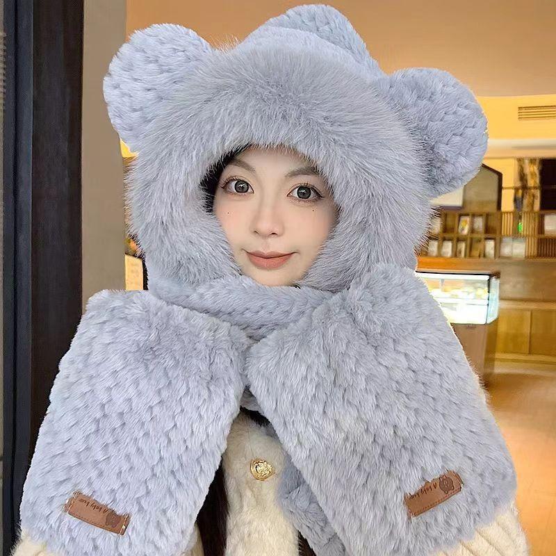 Plush hat scarf integrated women's new winter cute woven scarf gloves three-piece set thickened warm