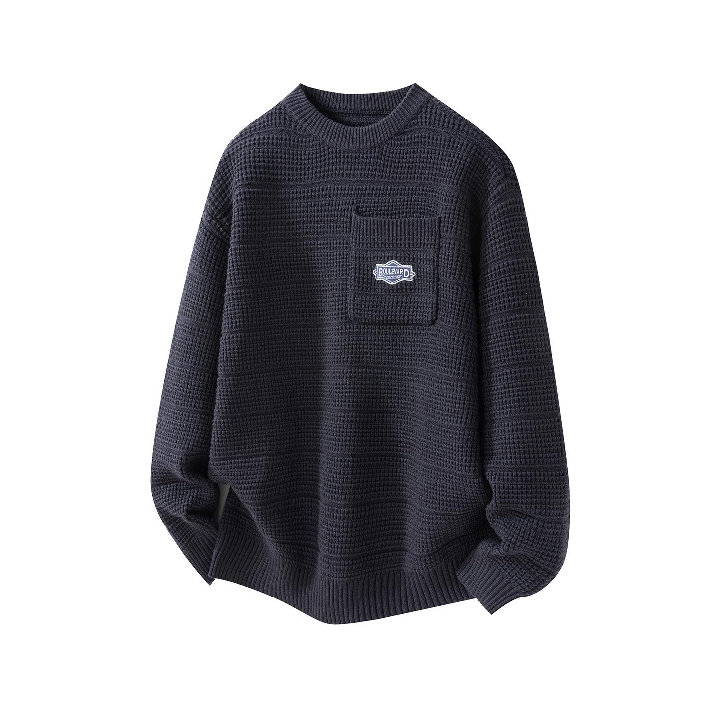 Men s Patchwork Pocket Pullover Sweater - Loose Fit, Round Neck, Dark Blue Oatmeal, Warm Autumn/Winter 3XL