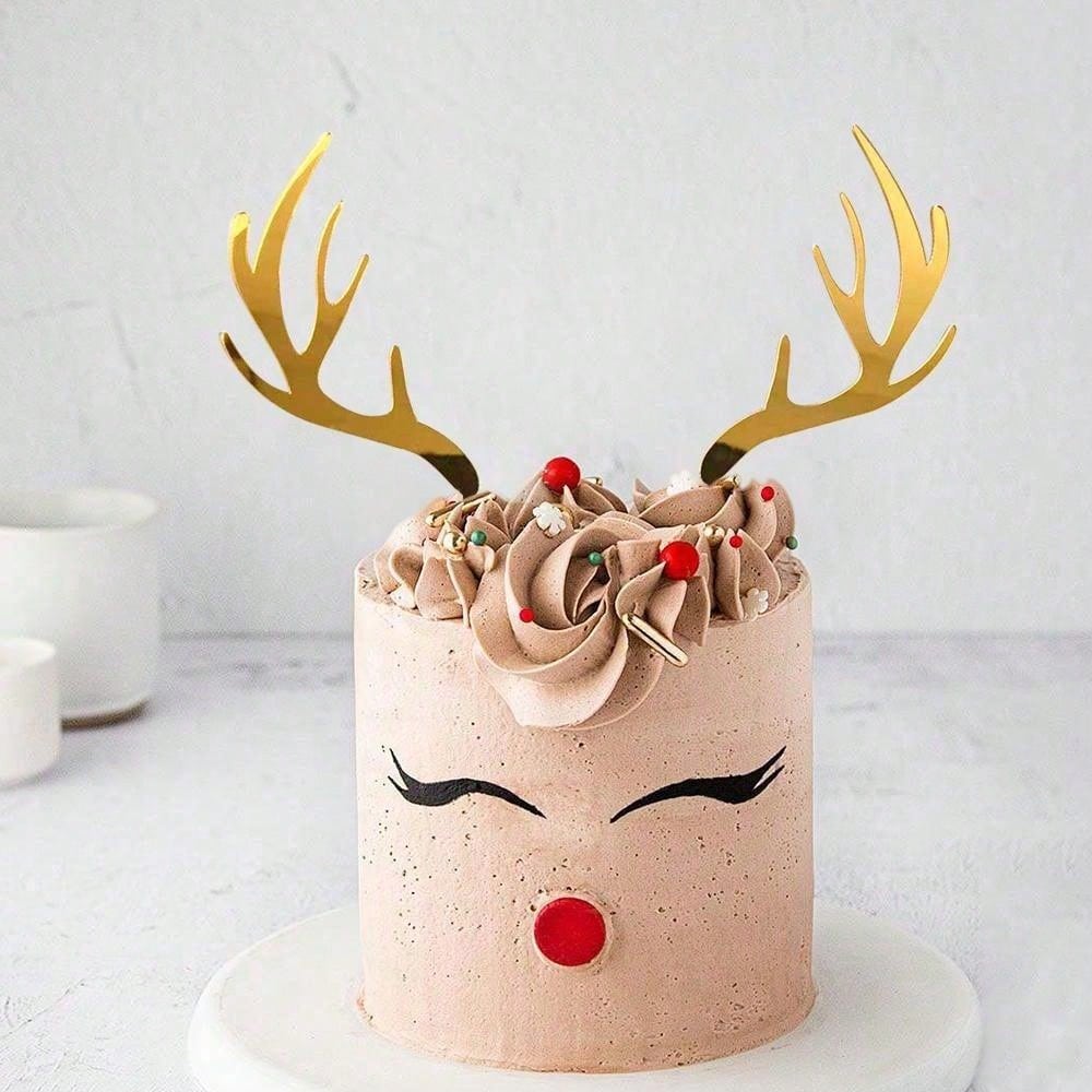 2pcs/set Gold Acrylic Deer Antler Cake Plug-in for Christmas New Year Birthday Party Cake Topper DIY Decoration Supplies