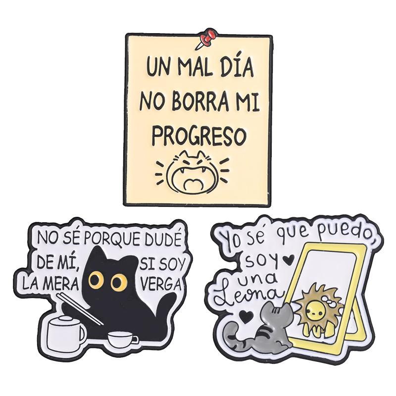 Latin Motivational Slogan Enamel Pins Black Cat Mirror Lion Brooches Cartoon Lapel Badges Spanish Self Love Quotes Jewelry Gift