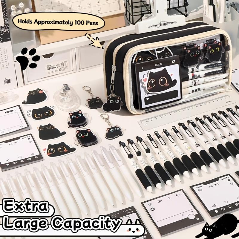 13 Layers Large Capacity Black Cat Pencil Case Clear Window Stationery Bag Cute School Birthday Gift