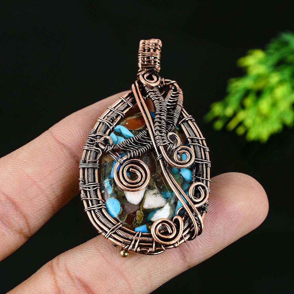 Natürlicher Spiny Oyster Edelstein Handgemachter Kupferdraht Wickelanhänger 2,75 J2o32