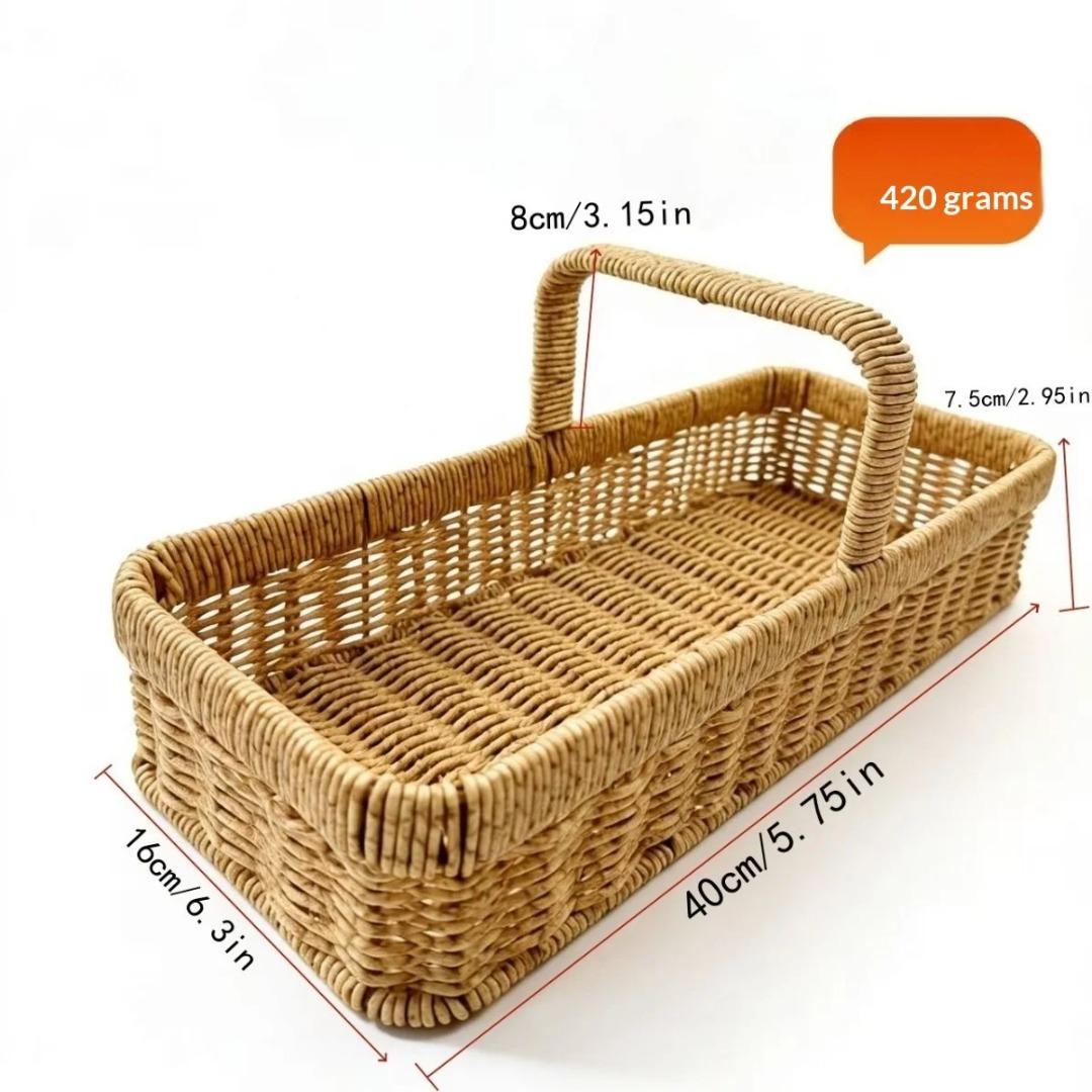 Woven Imitation Rattan Handled Storage Basket Rectangular Organizer for Kitchen Living Room Bathroom Bedroom Balcony Picnic Gift