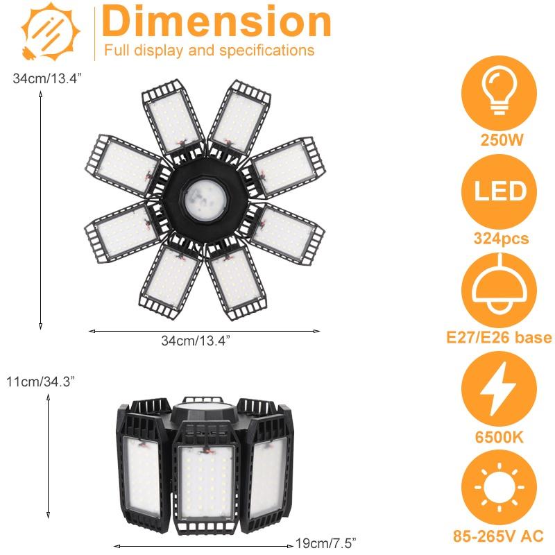AC 85-265V 250W 6500K E27 LED Garage Light Lamp Adjustable Deformable Bulb Ceiling Light For Shop/Storage/Warehouse Workshop Lighting
