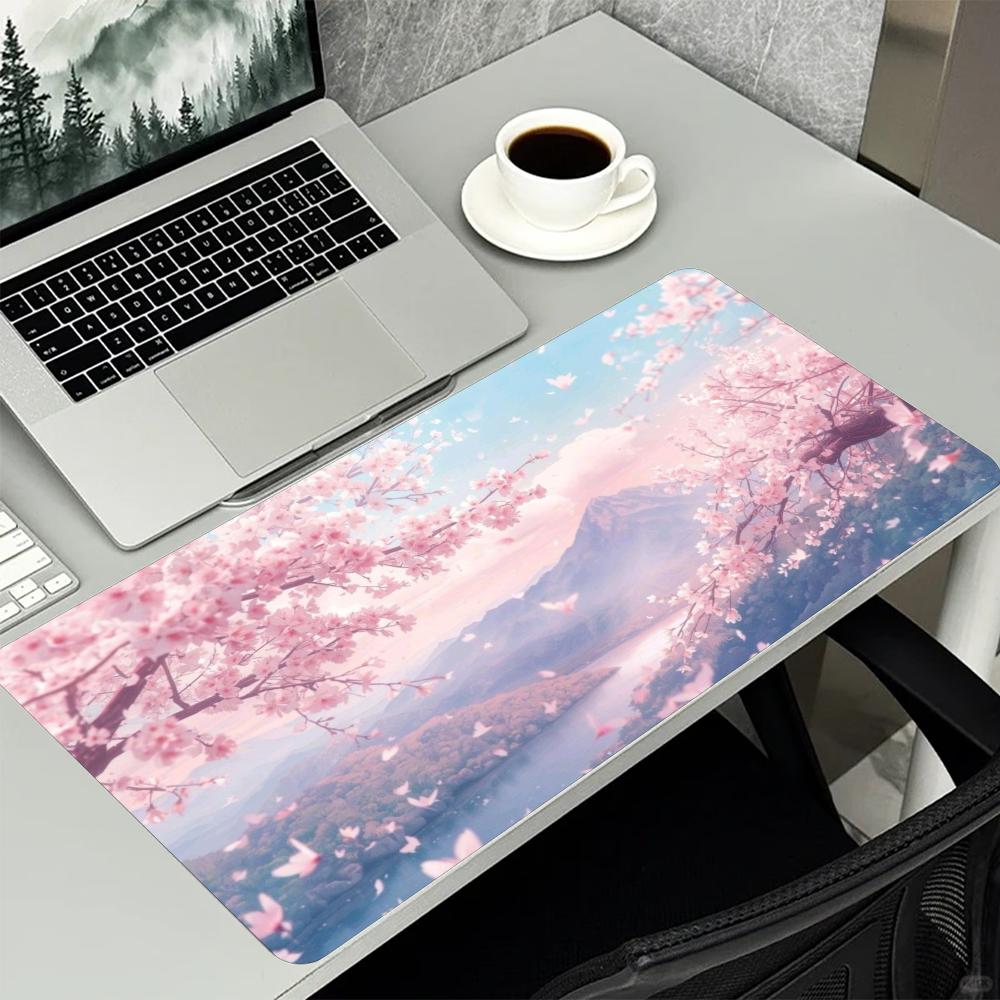 Dreamy Pink Sakura Mount Scenery Art Large Extended Mouse Pad NonSlip Rubber Base With Stitched Edges For Gaming And Office Use