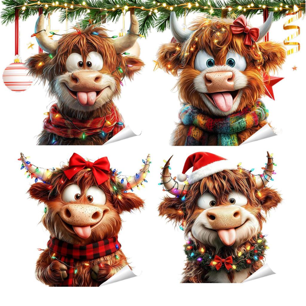 4pcs Christmas Window Decals Cute Highland Cow Static Transparent Glass Stickers Electrostatic Adhesion Glass Door Holiday Decal