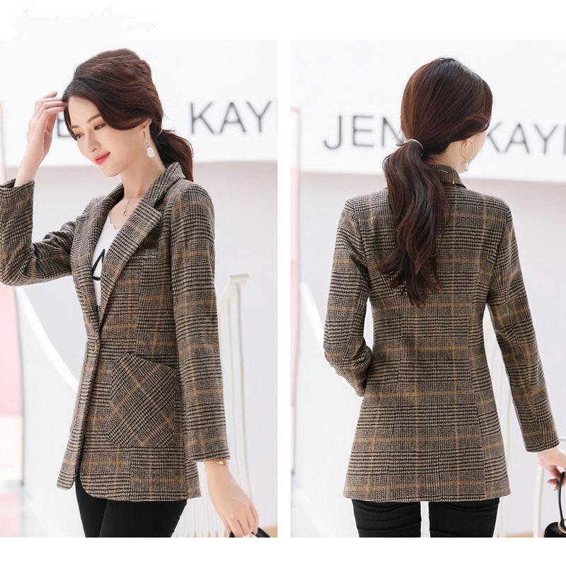 Women Spring Autumn Plaid Blazer Long Sleeve Slim Checked Coat Formal Jacket Office Suit Lady Outerwear