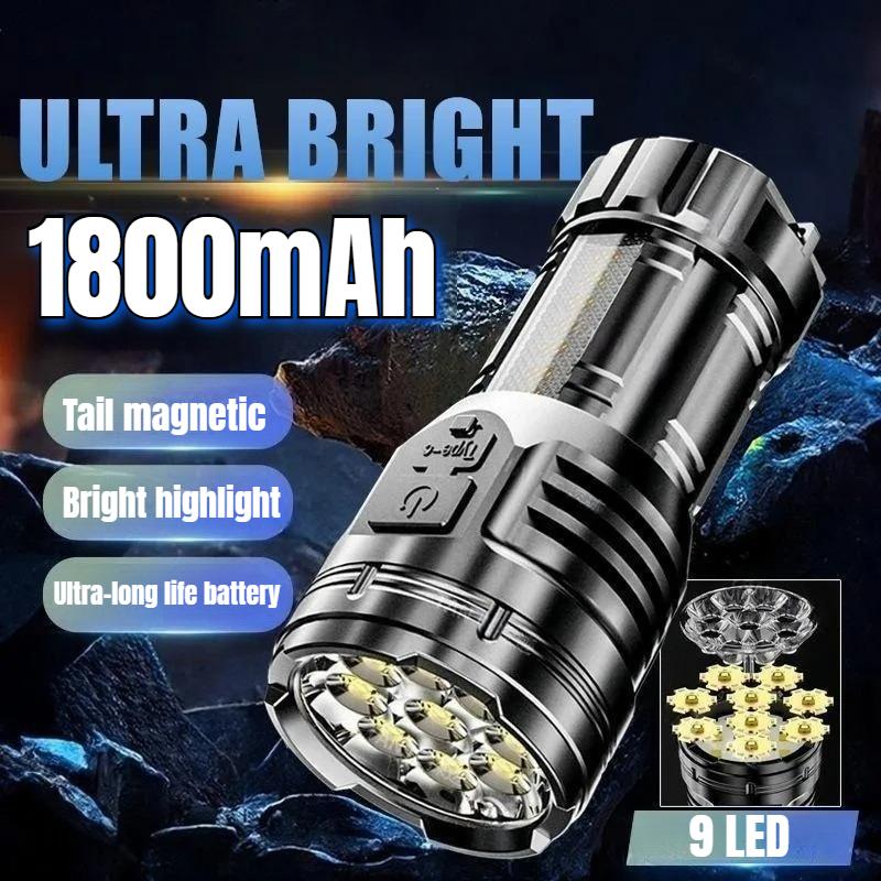 9 LED Portable Flashlights Type-C Rechargeable Torch With Pen Clip COB Flashlight Outdoor Fishing Tail Magnetic Work Light