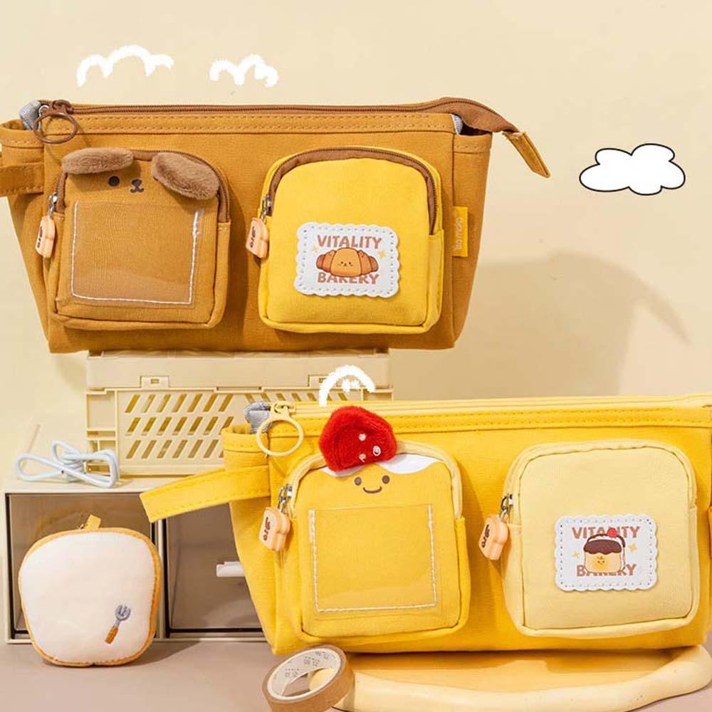 Large Capacity Cartoon Canvas Pen Bag Chestnut Strawberry Cheese Cute Bear Pencil Pouch Pudding Puppy Yellow