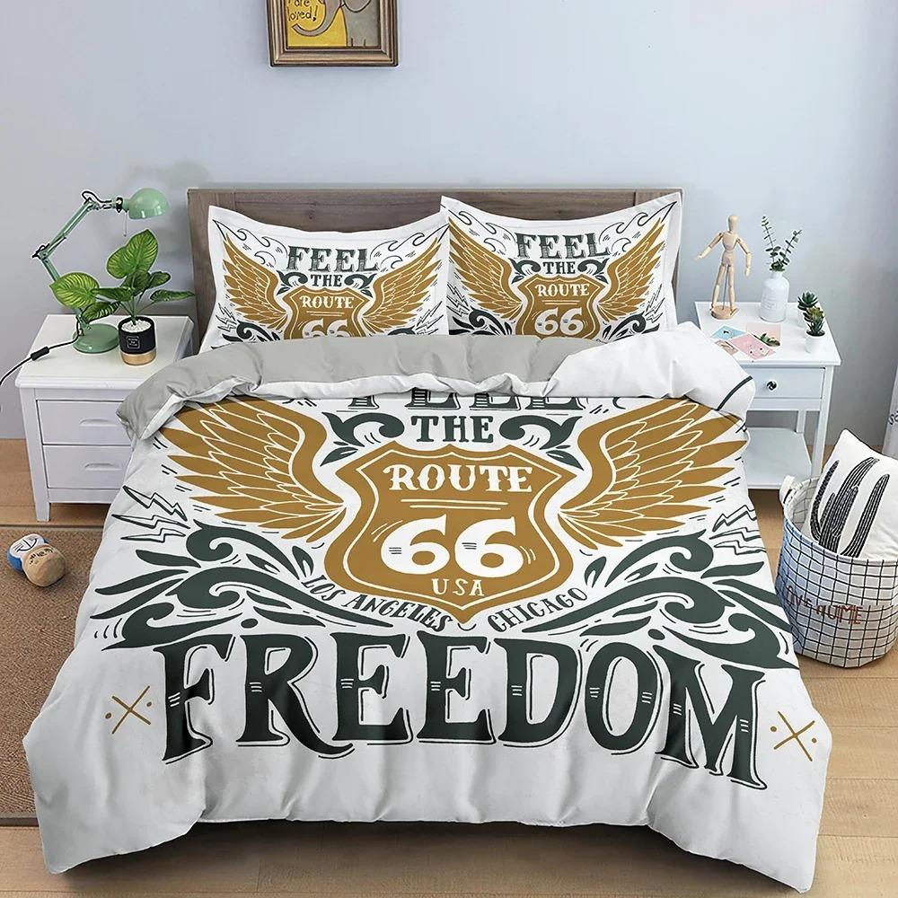 Luxuriöses Bettwäsche-Set mit Route 66-Druck, Doppelbettgröße, Steppdecke, Bettwäsche, weicher warmer Bezug, Bettbezug, Kissenbezug-Sets, Erwachsene, Baby, Kinderbettwäsche ki