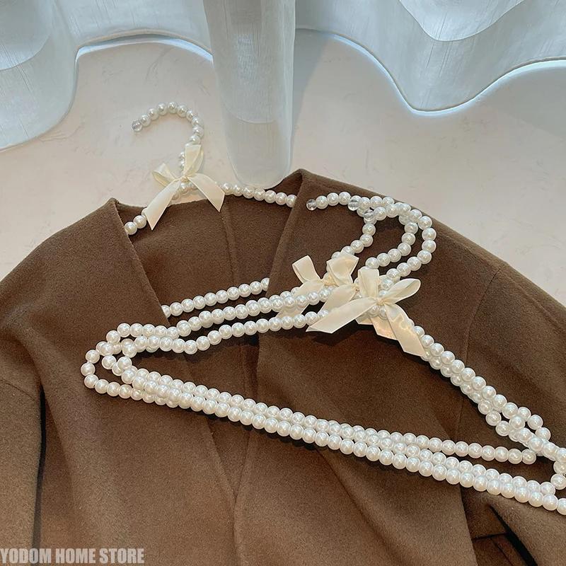 5pcs Elegant Pearl Bead Bow Hanger 40/30cm Adult Kids Clothing Organizer Wedding Dress Coat Rack Space Saving Wardrobe Storage