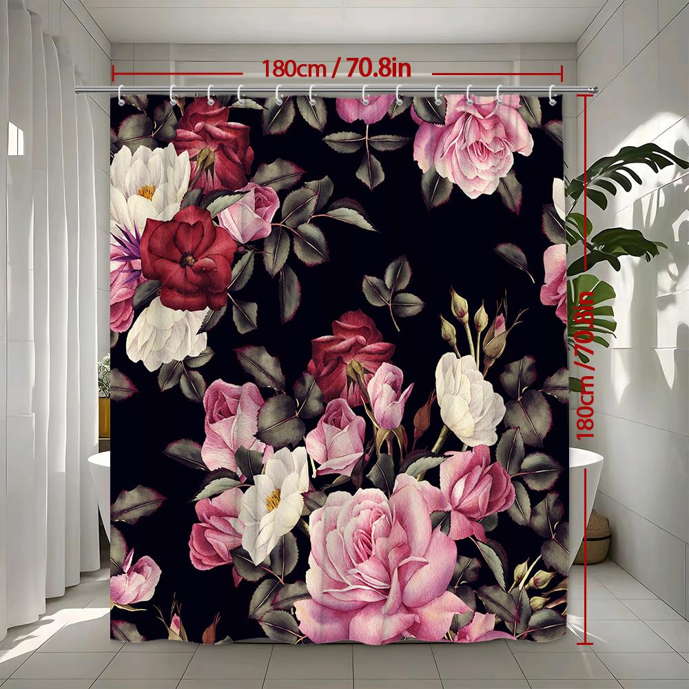 Black Background Rose Floral Shower Curtain Machine Washable All Season Waterproof Privacy Protection Elegant Design Romantic