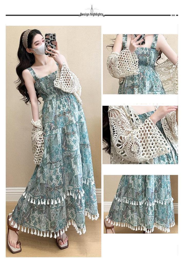 Knit Hollow Cardigan Maternity Set: Slimming Long Dress Two-Piece for Summer 2026, Age-Reducing Holiday Style