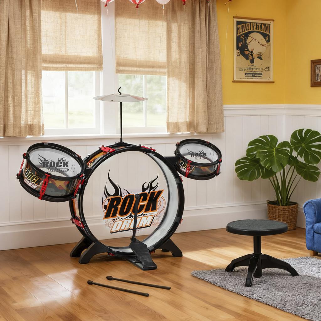 Drum Set for Children +3 Years with Stool, Drums, Bass Drum, Cymbal and Drumsticks 59.5x31.5x59 Cm Black
