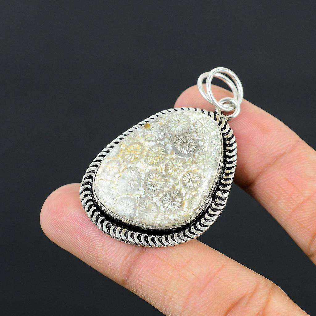 Daughters Day Sale 925 Silver Fossil Coral Stone Bezel Mother Pendant Jewelry