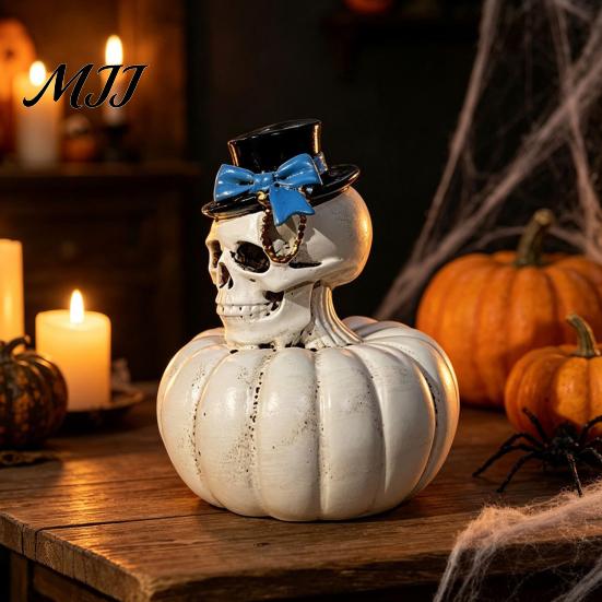 Versatile Festival Scene Decorations Gothic Skull Pumpkin Statue, Halloween Bride Groom Figurine, Pink Bow On Ornament for Desktop Mantel Decor Unique