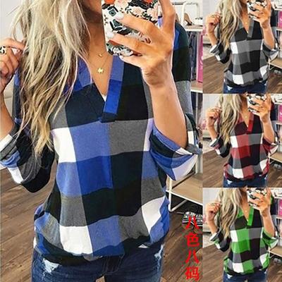 Womens Autumn Plaid Print T-shirt Crew Neck Zipper Rolling Long Sleeve Loose Blouse Tops S-5XL