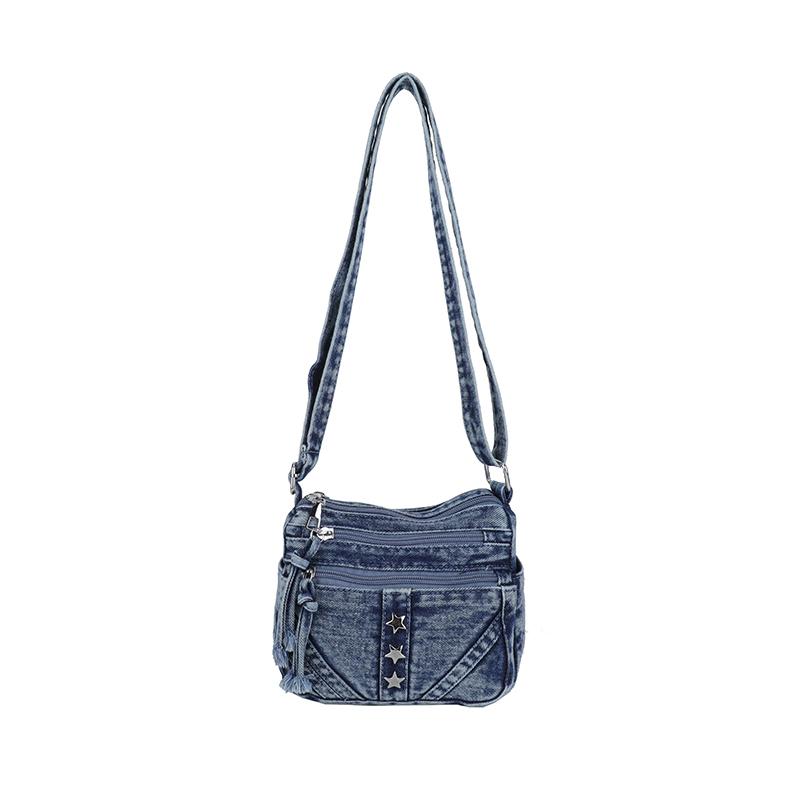 Retro Denim Crossbody Bag Multi Pocket Shoulder Purse with Star Decoration