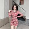 Pure desire sexy one-word shoulder mesh printing tube top dress female summer celebrity temperament pleated hip wrap skirt