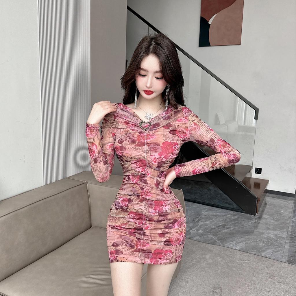 Pure desire sexy one-word shoulder mesh printing tube top dress female summer celebrity temperament pleated hip wrap skirt