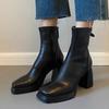 Black High-heeled Rear Zipper Short Boots Women's Autumn and Winter New Square-heeled Thick-heeled Martin Boots Waterproof Table Thin Boots