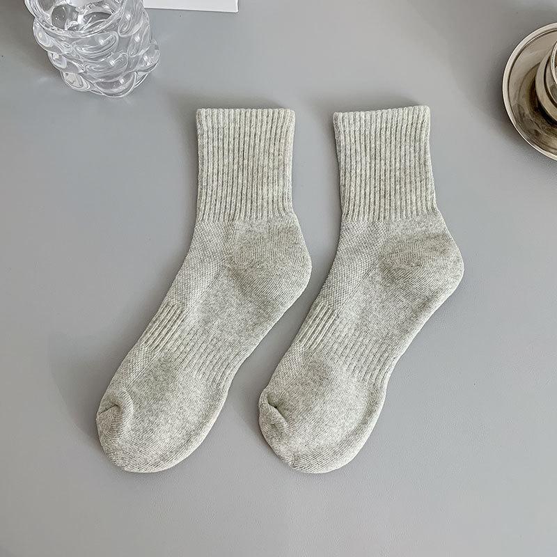 Unisex Black Terry Cotton Mid-Length Thick Warm Sports Socks for Autumn & Winter