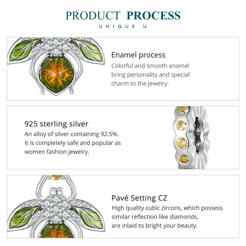 Breloc cu pandantiv cu lămâie albină BAMOER din argint 925, mărgele de insecte pentru femei, brățară și brățară originale, bijuterii fine