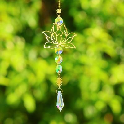 Trendy Golden Lotus Suncatcher Colorful Home Garden Decor Gardening Crafts Gift Crystal Decoration Pendant Water Drop Pendant