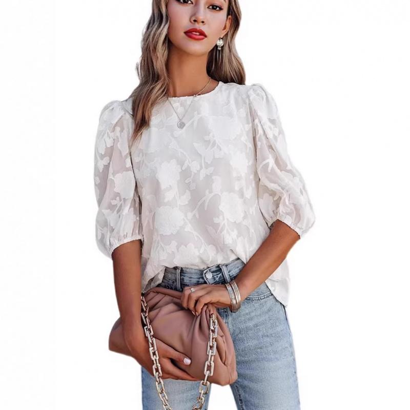 2026 Summer Women's Chiffon T-Shirt Floral Bubble Sleeve Fashionable Round Neck Loose Top