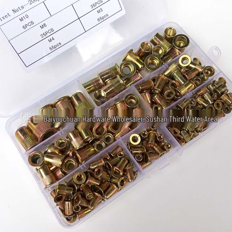 200-Piece M3-M10 Flat Head Vertical Ribbed Rivet Nut Set