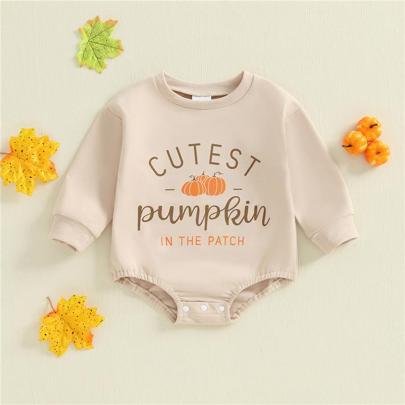 Newborn Baby Girls Halloween Romper Toddler Kids Long Sleeve Round Neck Letter Pumpkin Print Sweatshirt Romper Jumpsuit 0-3M