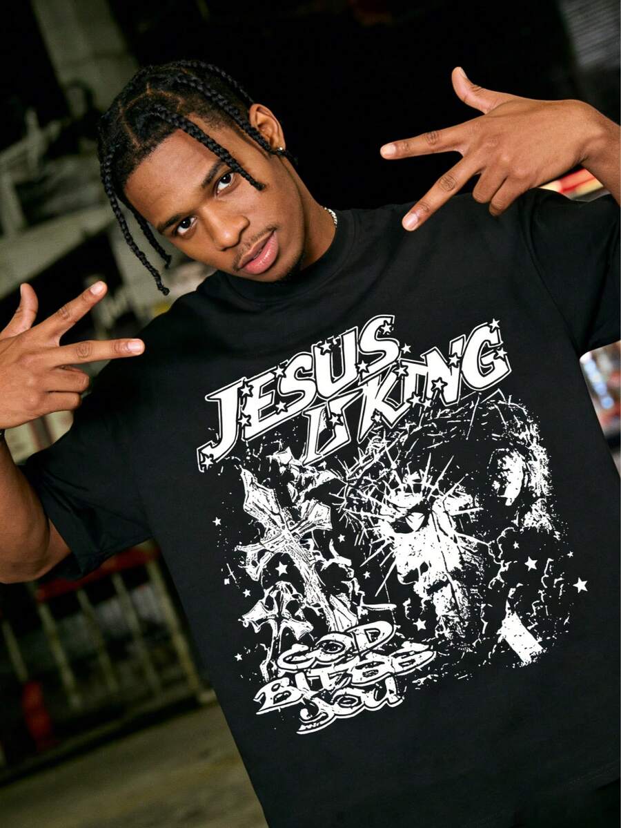 This Y2K Men s Black Hip-Hop Streetwear T-Shirt, Themed Jesus Is King, God Will Protect You, Blends S разноцветный
