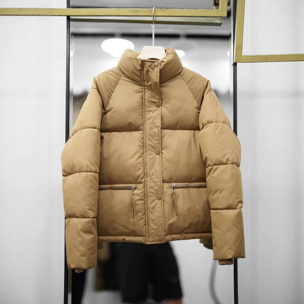 Women's Oversized Cropped Stand Collar Padded Jacket, Casual Zip Up Puffer Coat, Korean Style European American Winter Outerwear for Petite