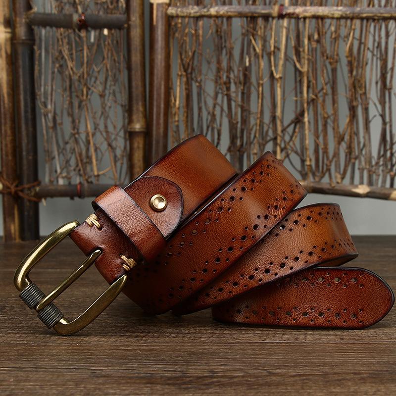 Retro Fashion Personality Trend Hollow First Layer Cowhide Needle Buckle Belt Men'S Genuine Leather Jeans Belt