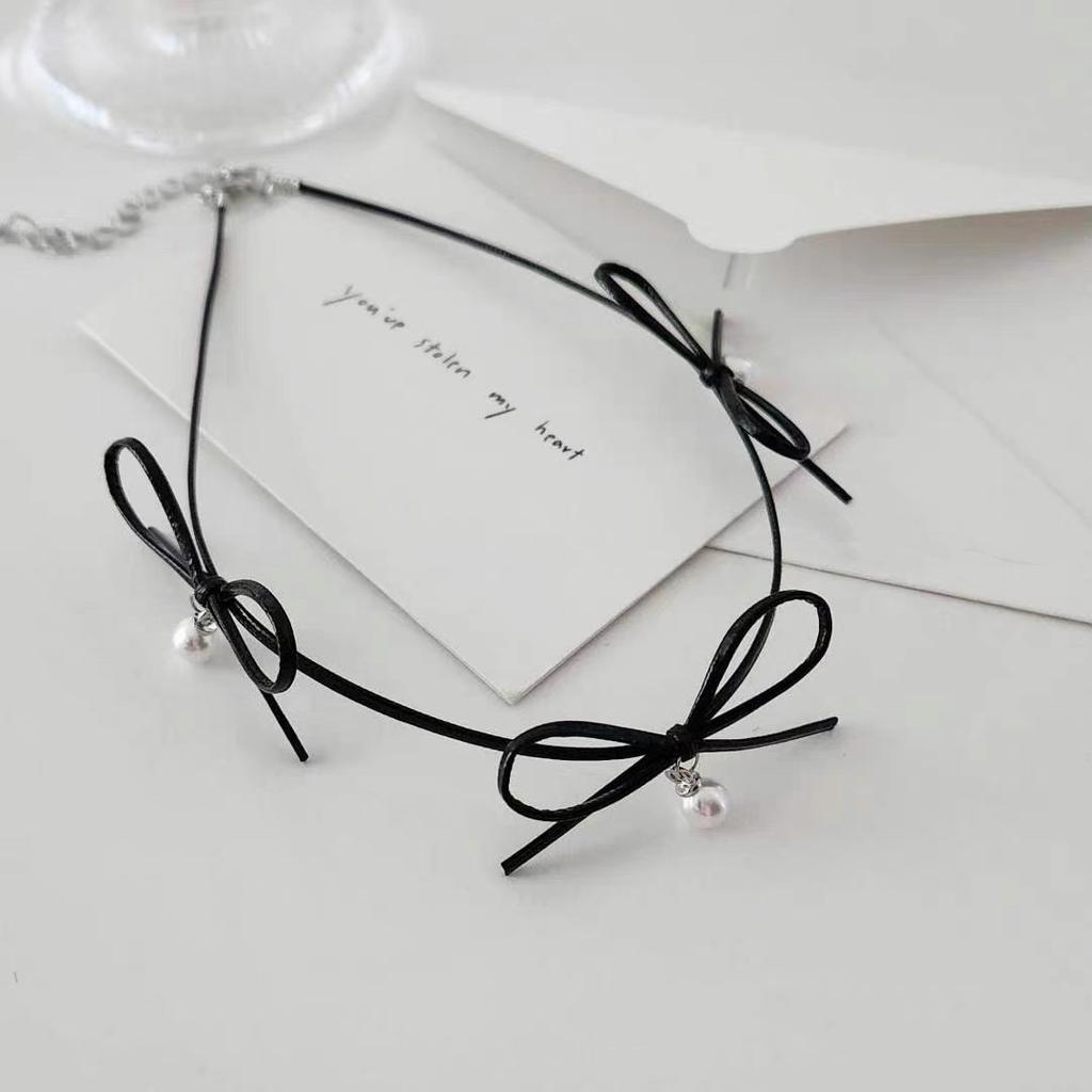 Niche Pure Desire Wind Handmade Bow Leather Choker Collar Necklace Women's High Sense Pearl Collarbone Chain
