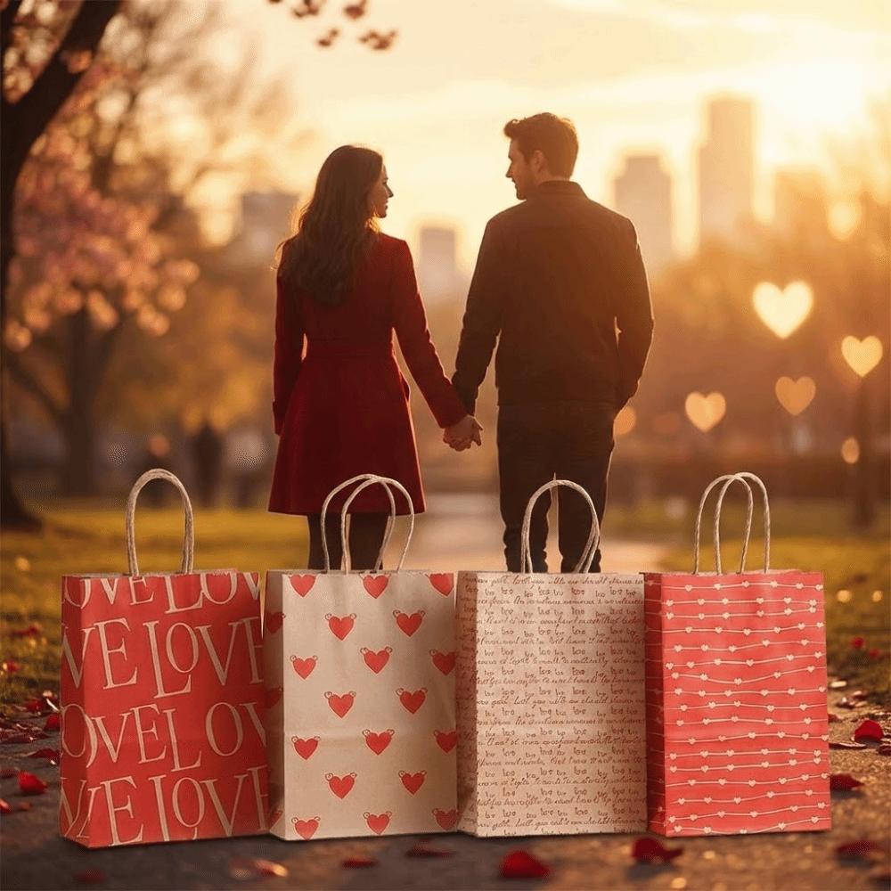 10Pcs Creative Kraft Paper Gift Bags Large Capacity with Handles Love Print Handbag Storage Bag Valentine Day Festival Supplies