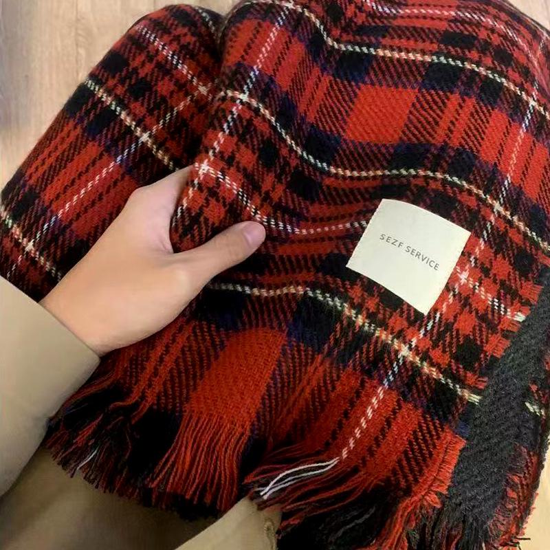 Christmas Red Plaid Double-Sided Scarf: Korean-Style Imitation Cashmere, Warm Tassel Neck Warmer Shawl for Couples