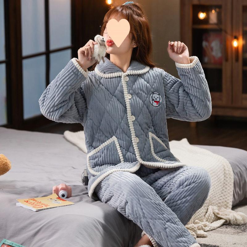 Dámské pyžamo třívrstvé zesílené a roztomilé zimní lze nosit velká velikost teplé polstrované domácí oblečení